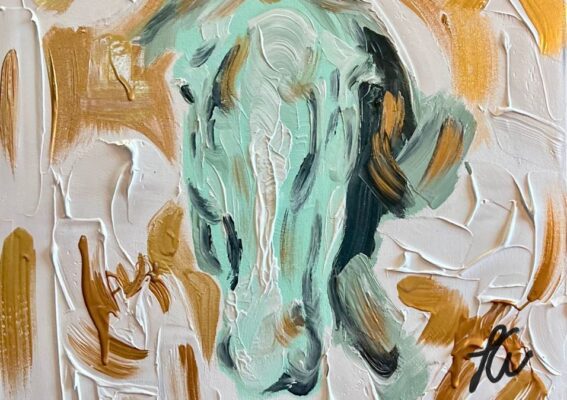 Acrylic painting by Fallon Francis Cowgirl in gold-white-mint-black_Breath of Faith poem by Dawn Francis_Rebel-Faith_2024