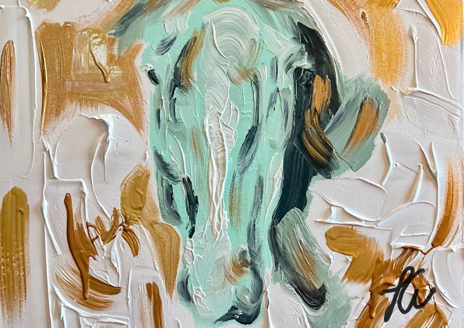 Acrylic painting by Fallon Francis Cowgirl in gold-white-mint-black_Breath of Faith poem by Dawn Francis_Rebel-Faith_2024