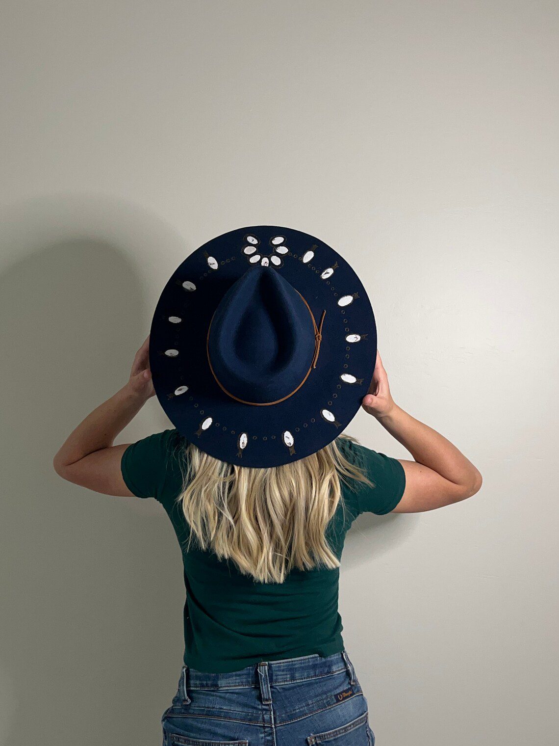 Squash Blossom burned fashion hat by fallon francis blue