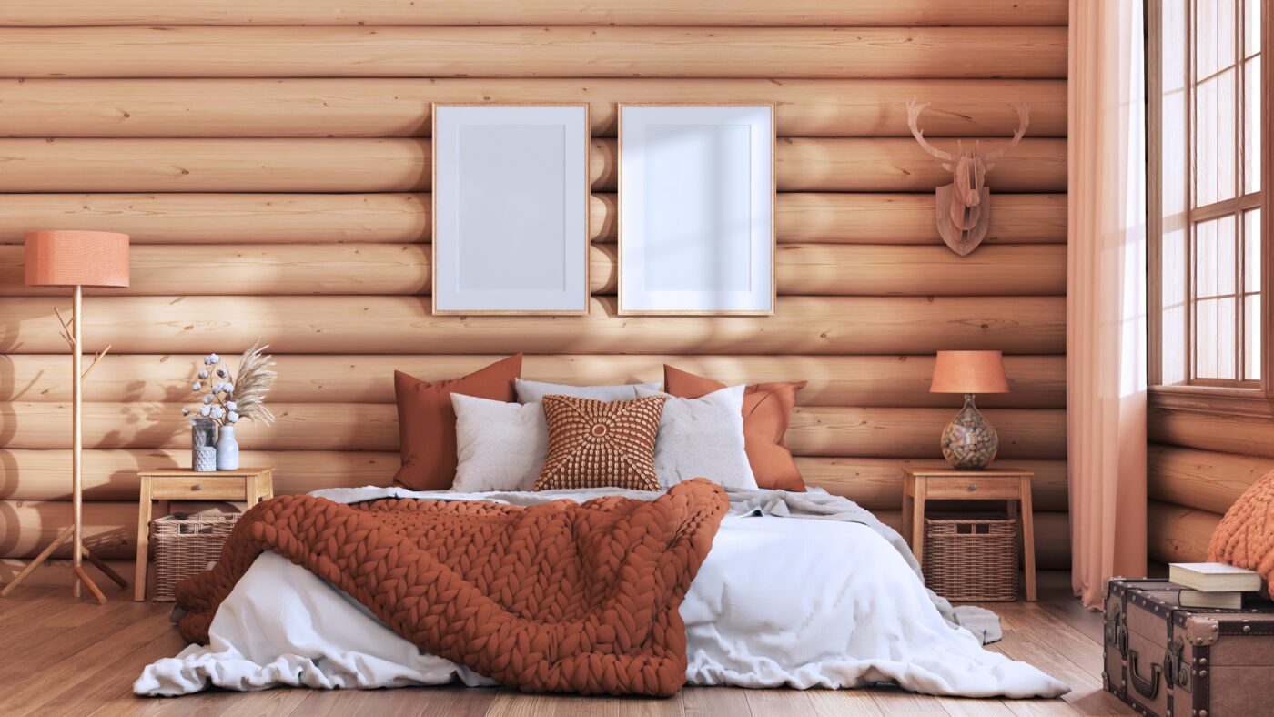 Log,Cabin,Bedroom,In,Orange,And,Beige,Tones.,Double,Bed