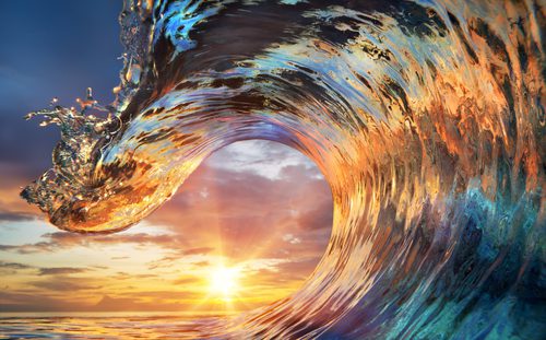 Colorful,Ocean,Wave.,Sea,Water,In,Crest,Shape.,Sunset,Light
