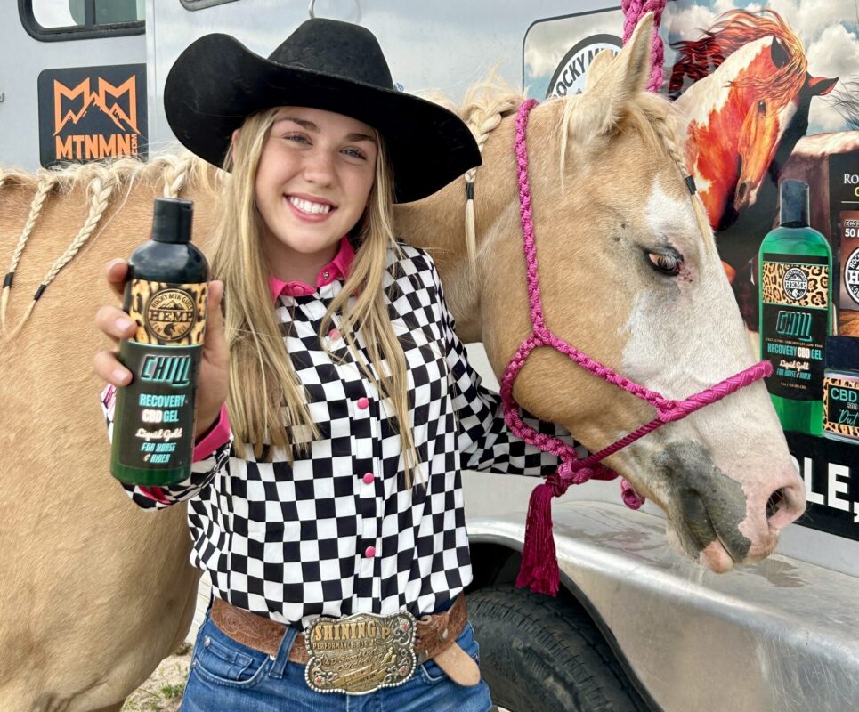 Rocky Mtn Girls CHILL CBD Recovery Gel keeps Farra Francis’ barrel horse Sunshine Be Playin sound year round