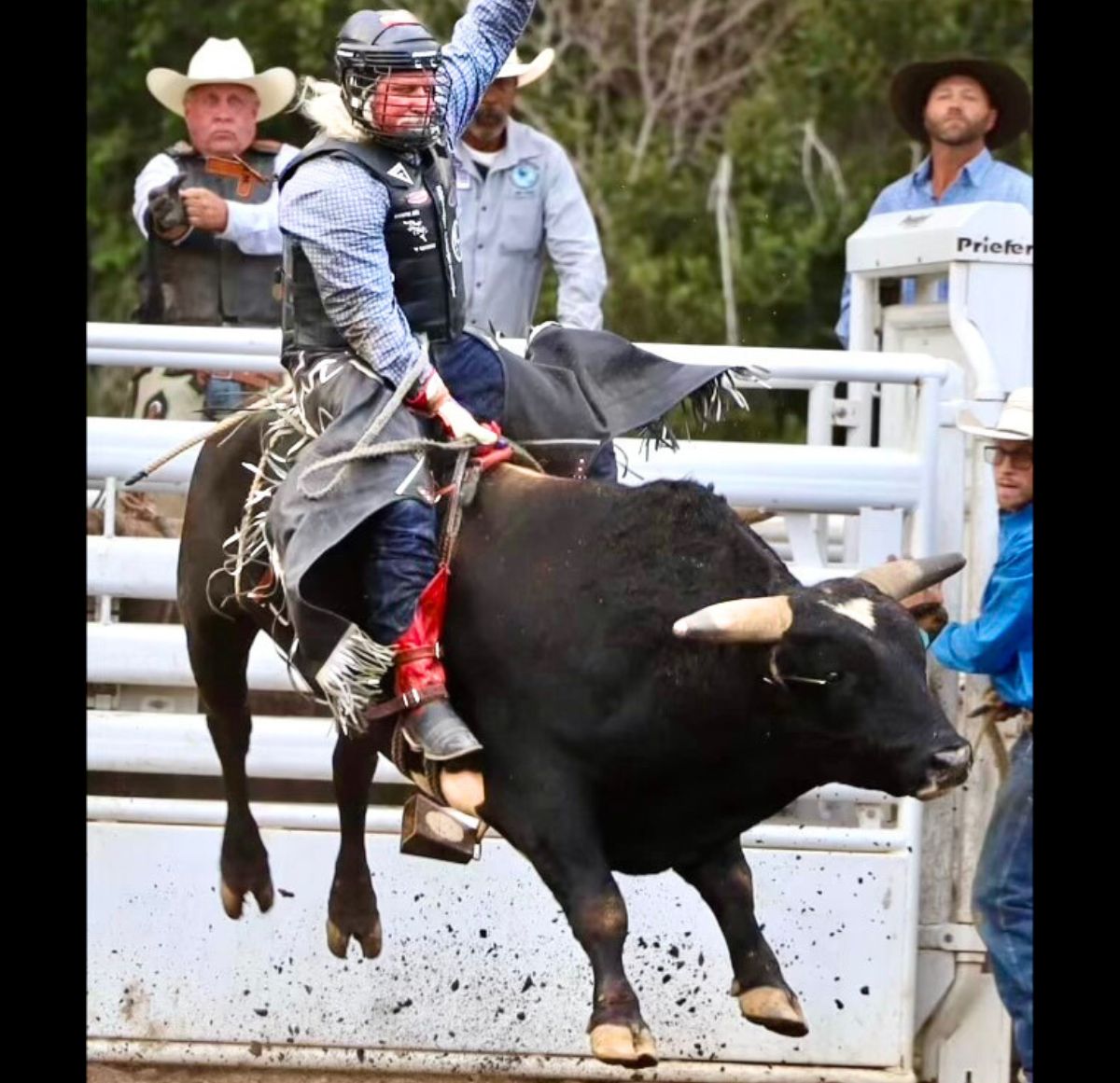 Inspiring-never quit-MTNMN Dan Francis bull riding at the Royal Rumble Rodeo-Pathfinder Park in Florence CO July 2024-b