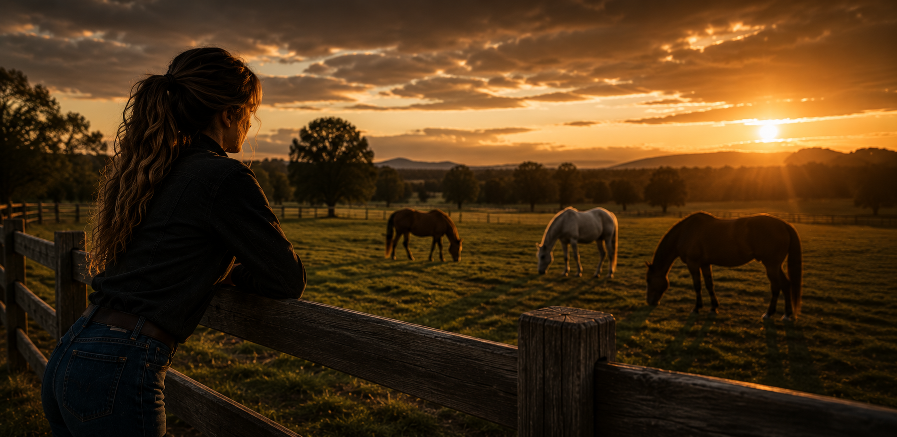 COWGIRL LOOKING OUT AT HORSES ON PASTURE MTNMN RANCH CIRCLE 5 FEEDS