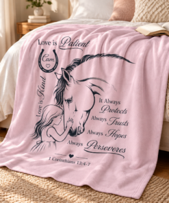 Soft pink youth fleece blanket with black horse.png