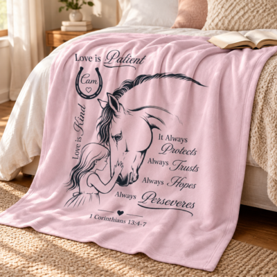 Soft pink youth fleece blanket with black horse.png